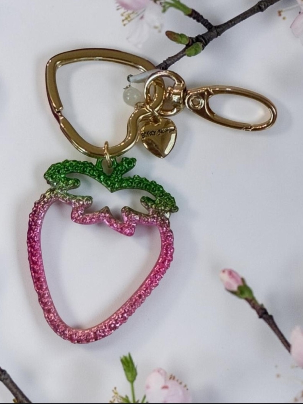 Betsey Johnson Gold Keychain with Pink & Green Strawberry Charm NIB